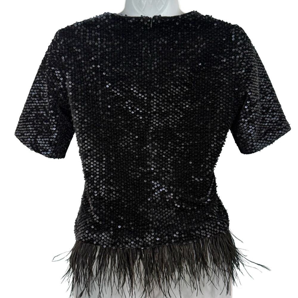 Ann Taylor Black Sequin Short Sleeve Feather Trim Round Neck Shirt Top Size XS - Picture 8 of 11